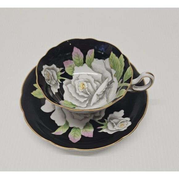 Cabbage Rose Black Hand Painted Teacup and Saucer American Beauty Occupied Japan - Picture 1 of 7